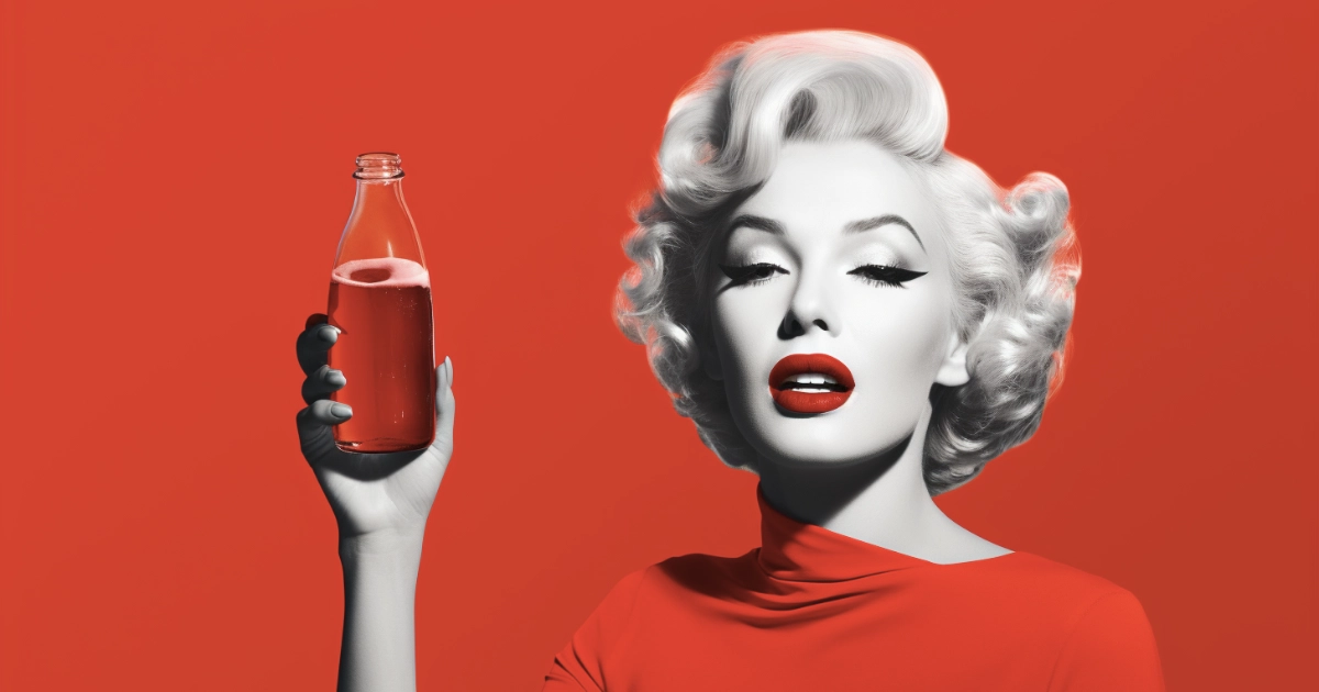 Marilyn Monroe look-alike in red holding a glass cola bottle