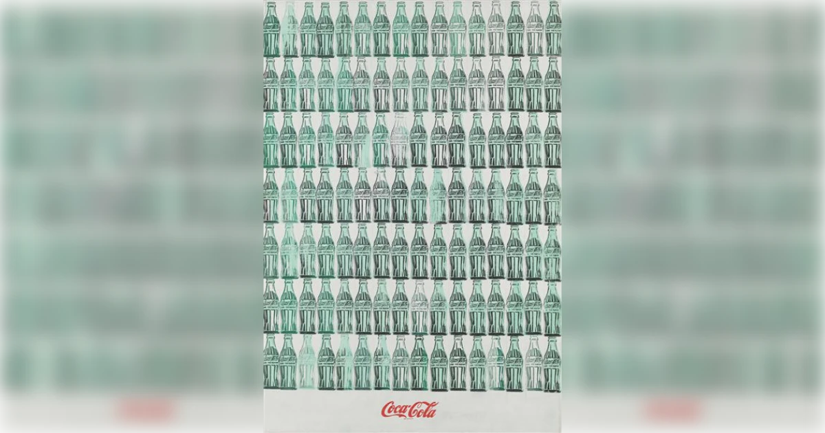 Warhol Green Coca-Cola Bottles painting, grid of pale green bottles