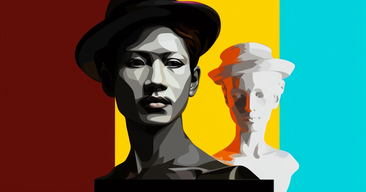 Stylized portrait of a man in a hat beside a classical bust