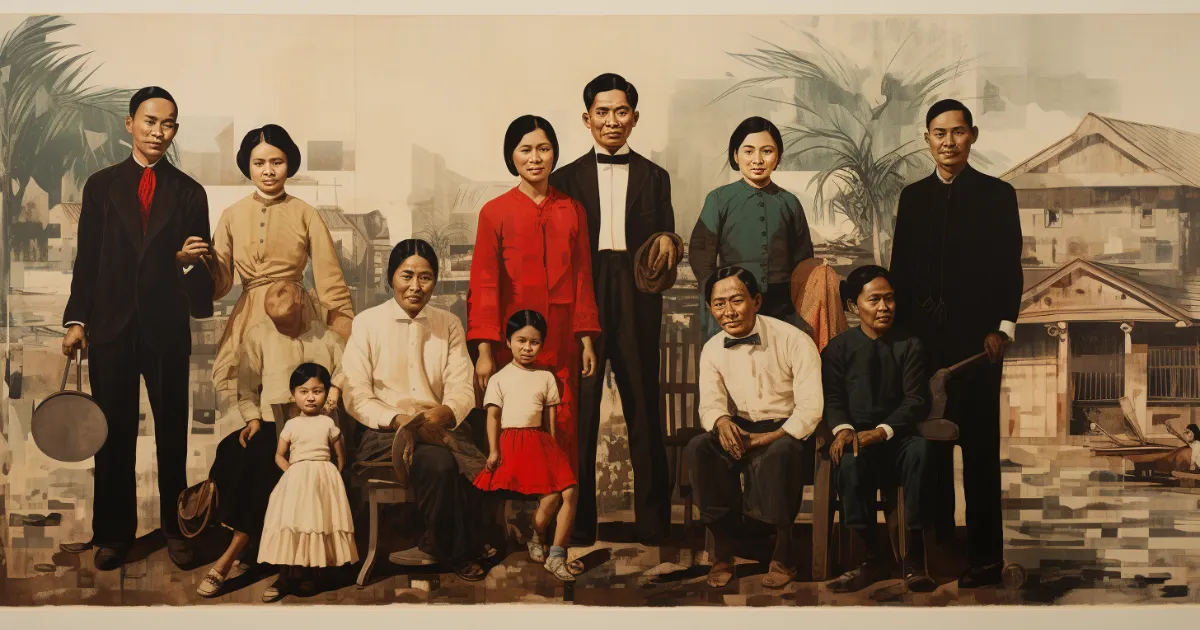 Painted group portrait of a large Filipino family in 19th-century dress