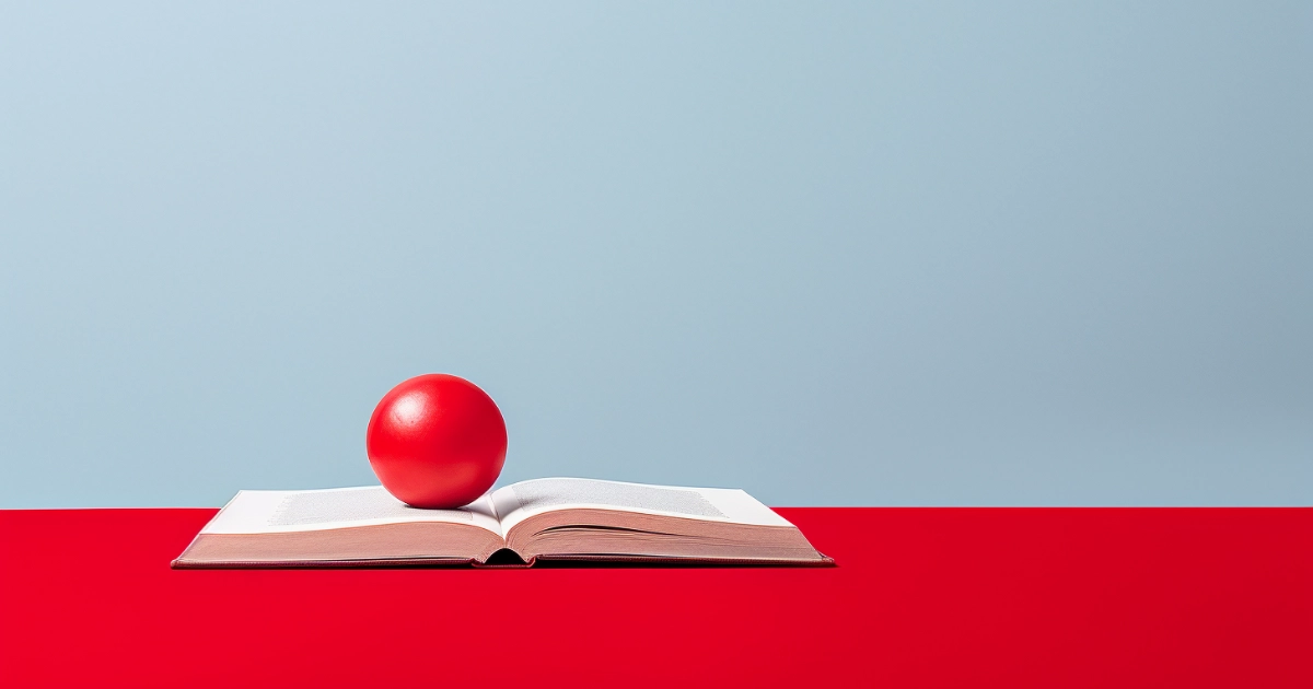 Open book with a red sphere resting on its pages
