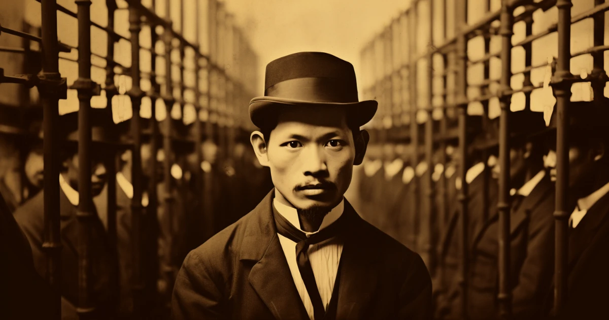 Sepia portrait of a man in a bowler hat inside a prison