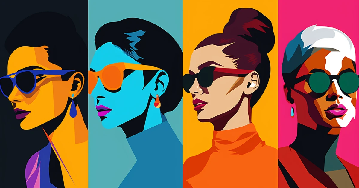 Pop-art panels of four stylized women wearing sunglasses