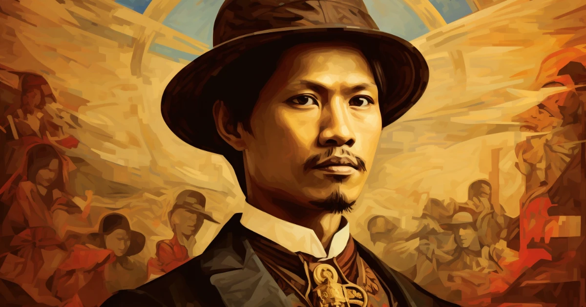 Heroic painted portrait of a Filipino man in a wide-brimmed hat
