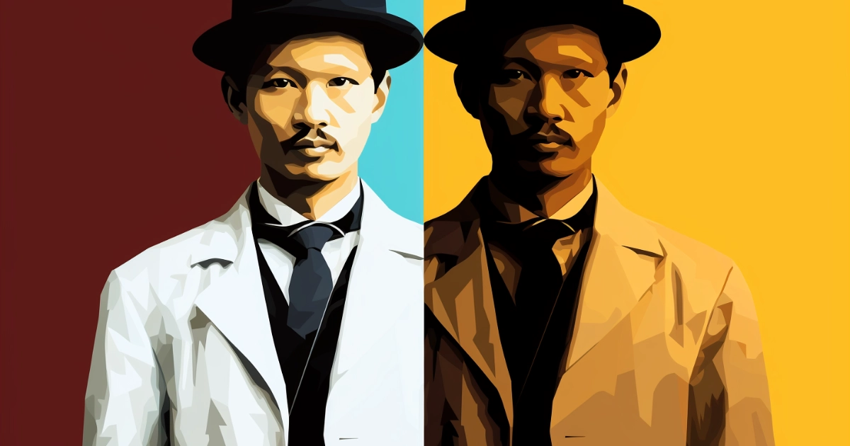 Pop-art portrait of a mustached man in a white lab coat