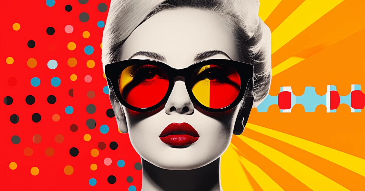 Pop-art collage portrait of a woman in oversized red sunglasses
