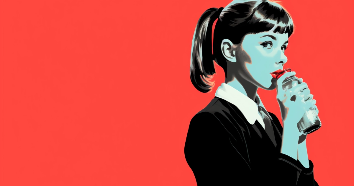 Stylized illustration of a schoolgirl drinking soda from a bottle