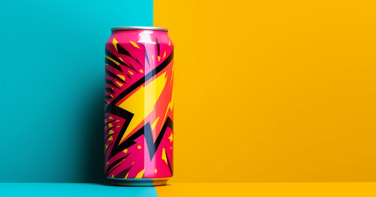 Tall pink energy drink can with a yellow lightning bolt design