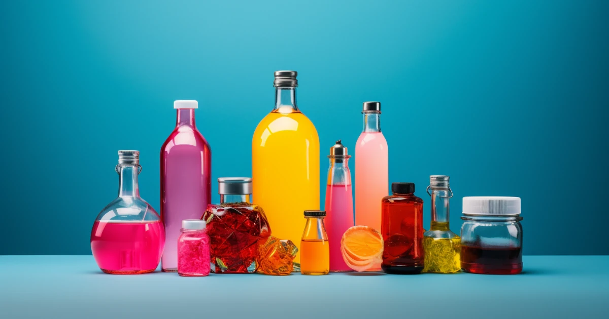 Row of bottles and jars filled with brightly colored liquids