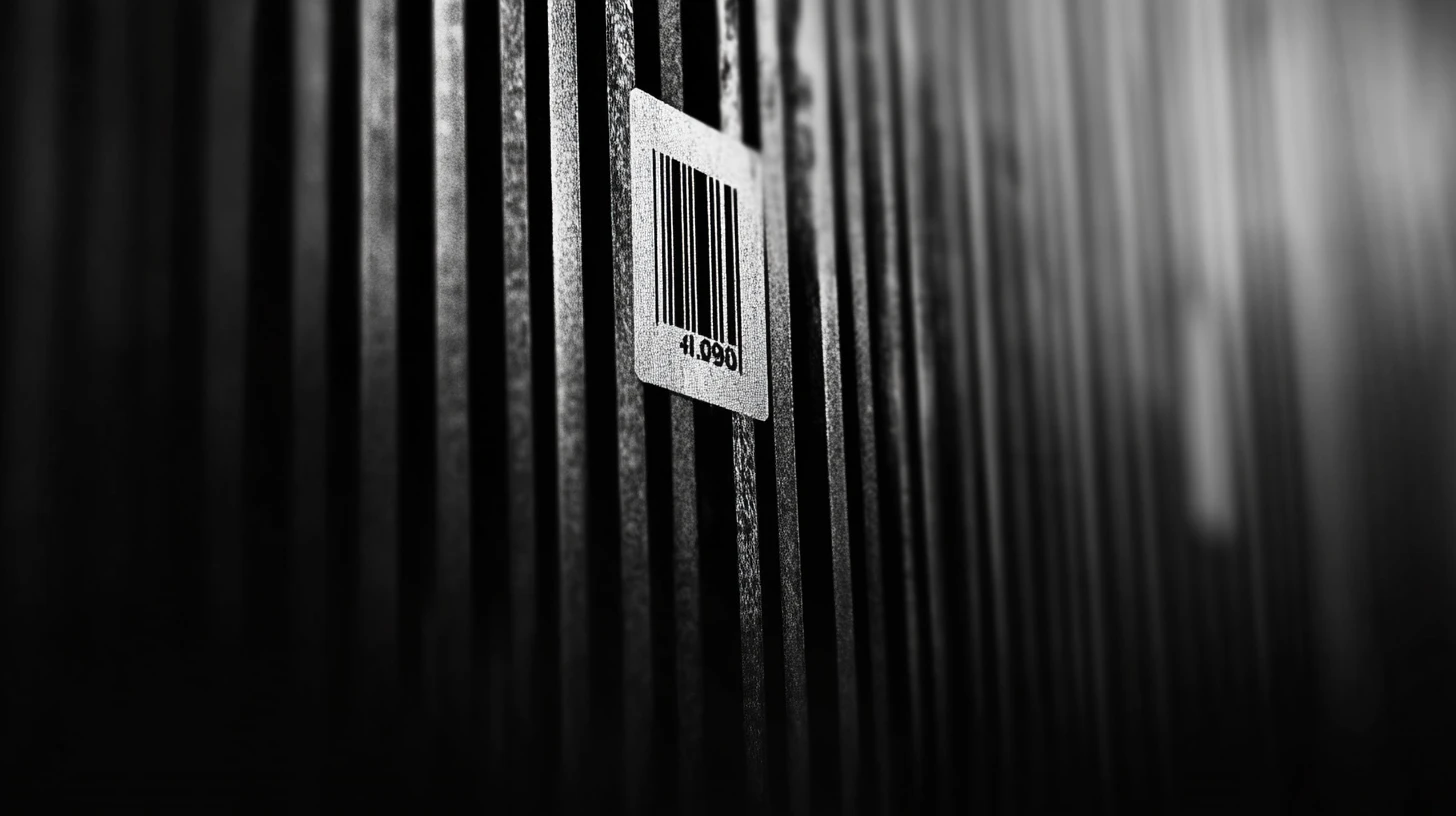 Barcode label among vertical bars © History Oasis Black and white barcode label among tall vertical printed bars