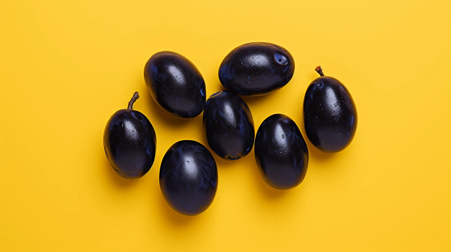 Six dark purple fresh plums arranged on yellow background