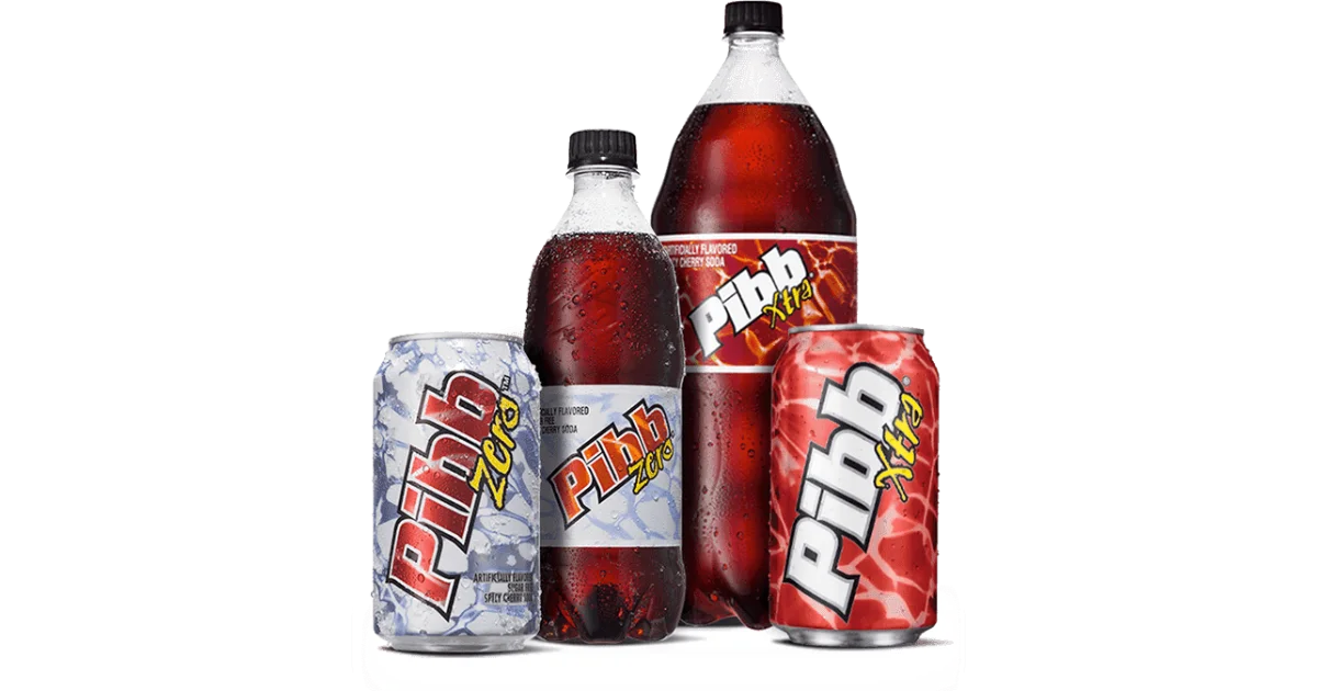 Pibb Xtra and Pibb Zero cans and bottles lineup