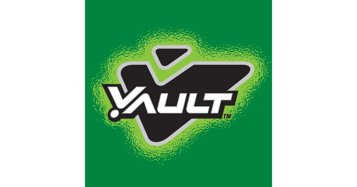 Vault soda logo, white lettering over a black and green V
