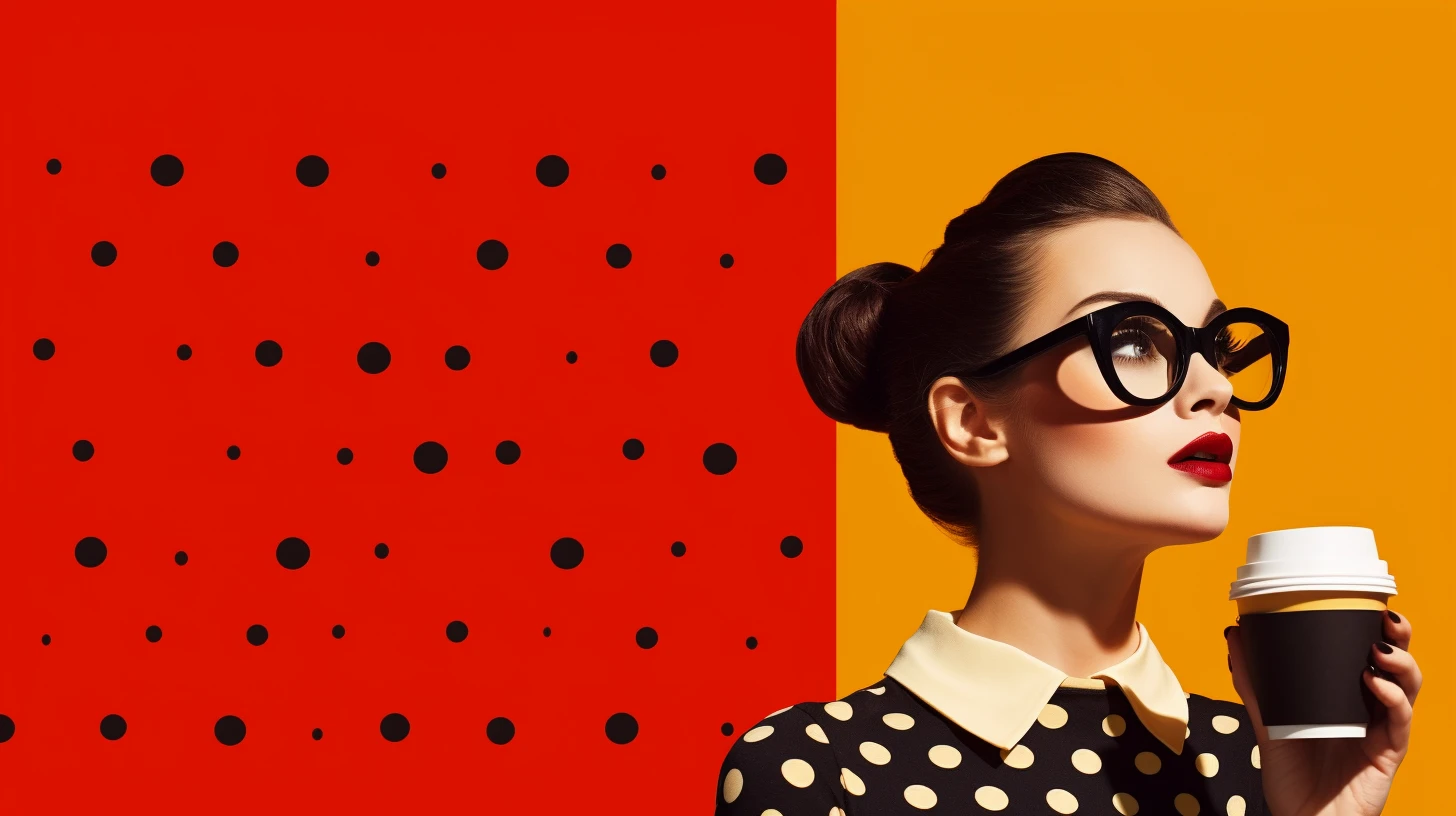 Retro pop-art woman in cat-eye glasses holding a coffee cup