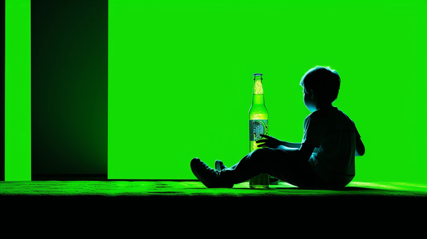 Silhouette of a child beside a glowing green soda bottle