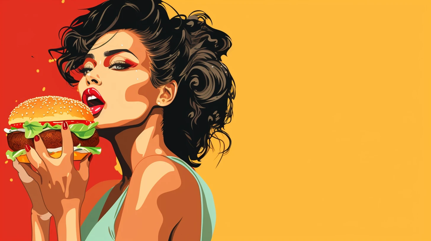 Pop-art illustration of a woman biting into a hamburger