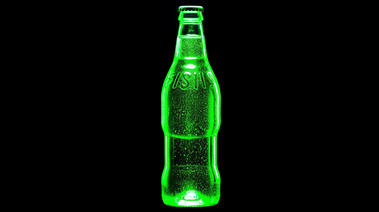 Glowing neon green glass soda bottle on a black background