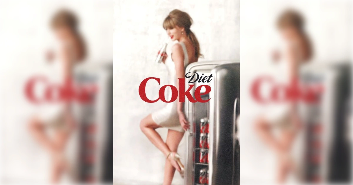 Taylor Swift in a white dress holding a Diet Coke bottle