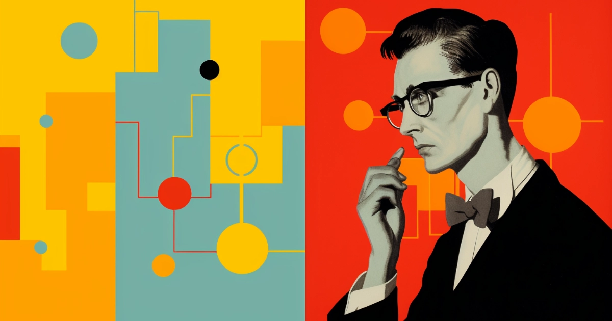 Illustrated portrait of a man in a bow tie © History Oasis Illustrated portrait of man in bow tie and round glasses