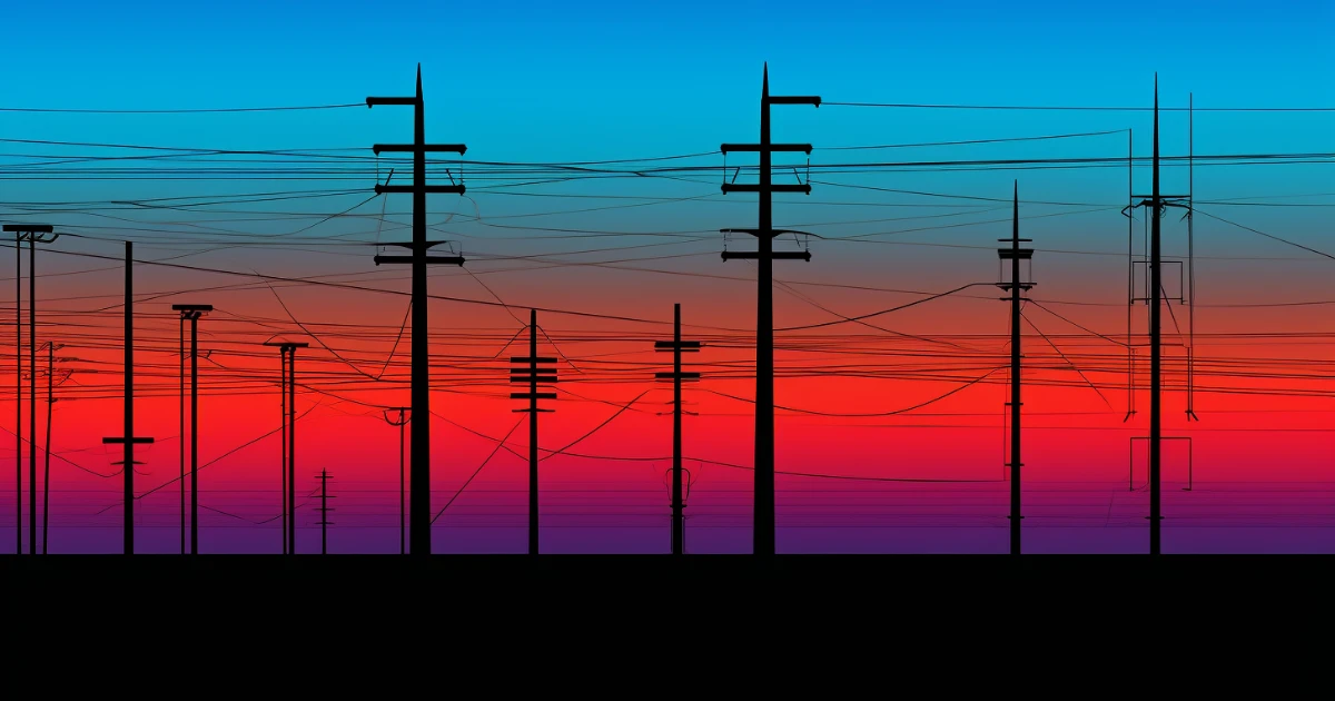 Telegraph poles silhouetted at sunset © History Oasis Silhouetted telegraph poles and wires against a sunset sky