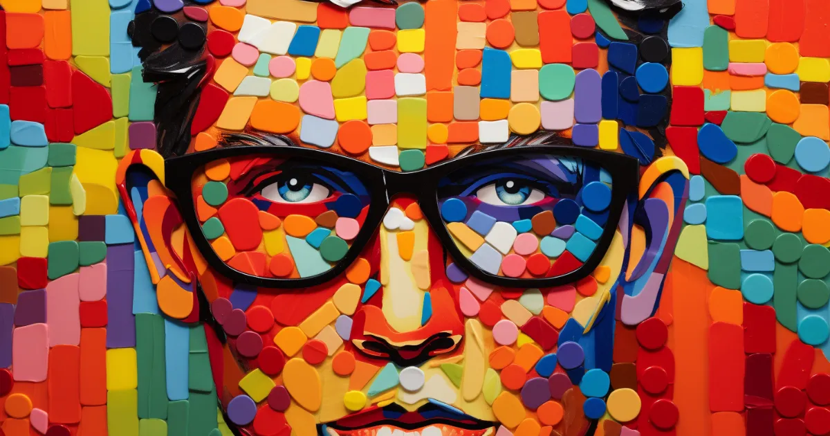Mosaic portrait of a man in black glasses © History Oasis Mosaic artwork of a face wearing black-framed glasses