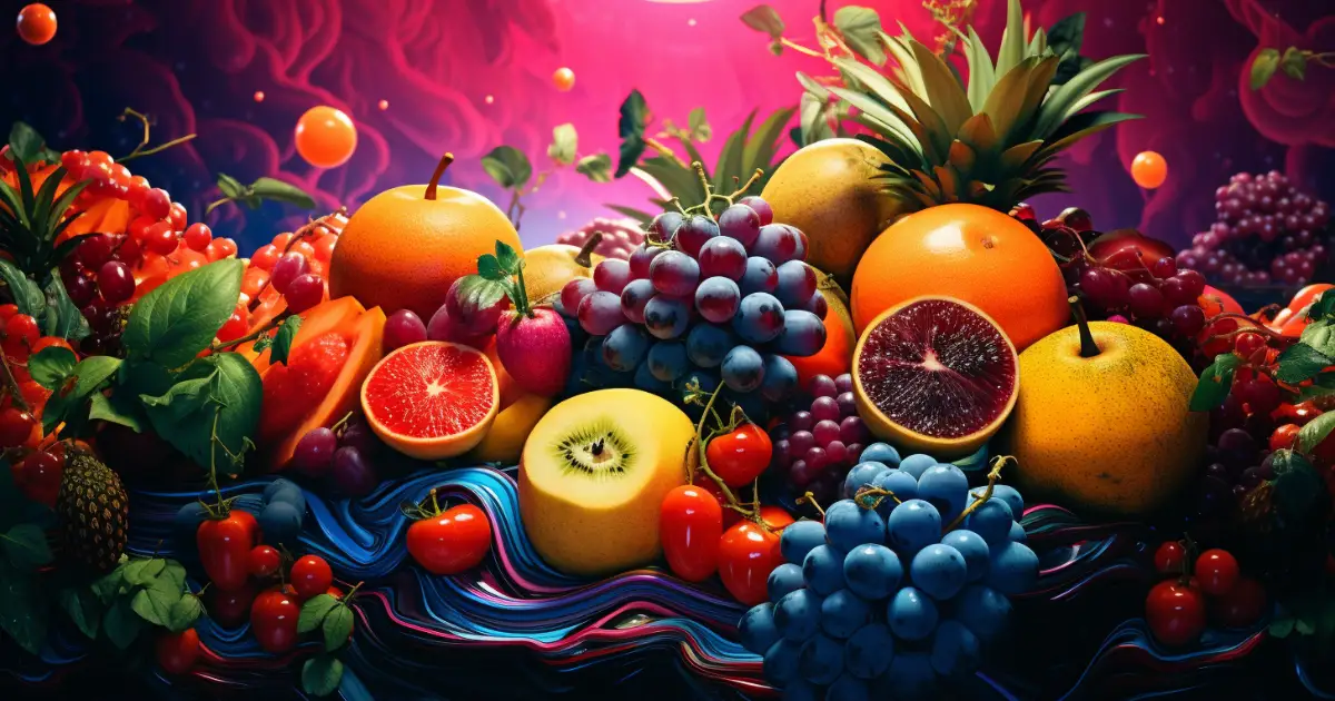 Pile of oranges, grapes, kiwi, and tomatoes under a pink glow © History Oasis Pile of oranges, grapes, kiwi, and tomatoes under a pink neon glow