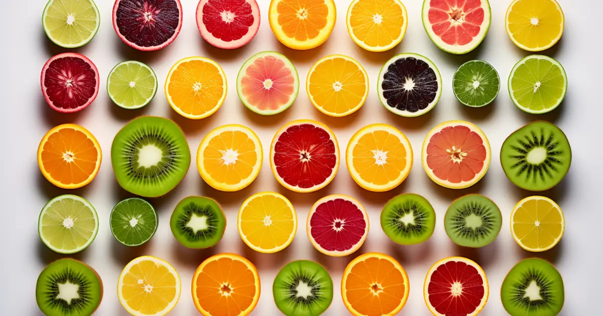 Grid of sliced oranges, limes, kiwis, and grapefruit © History Oasis Grid of sliced oranges, limes, kiwis, and grapefruit on white