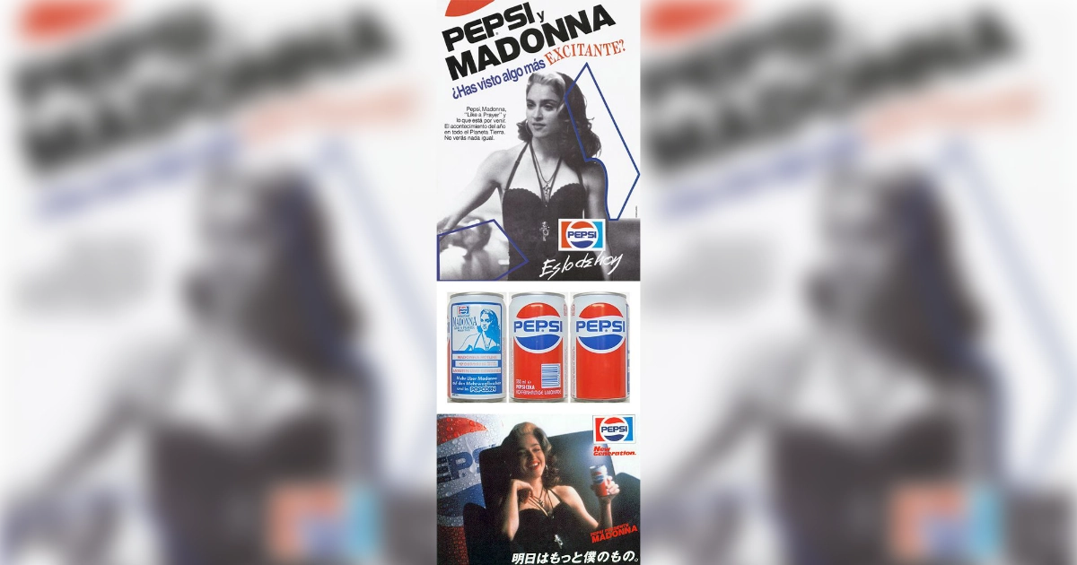 Pepsi and Madonna ad collage with vintage Madonna Pepsi cans