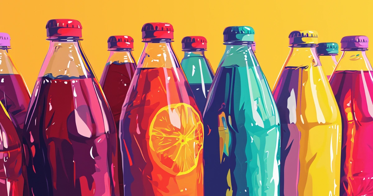 Illustration of colorful glass soda bottles lined up on yellow