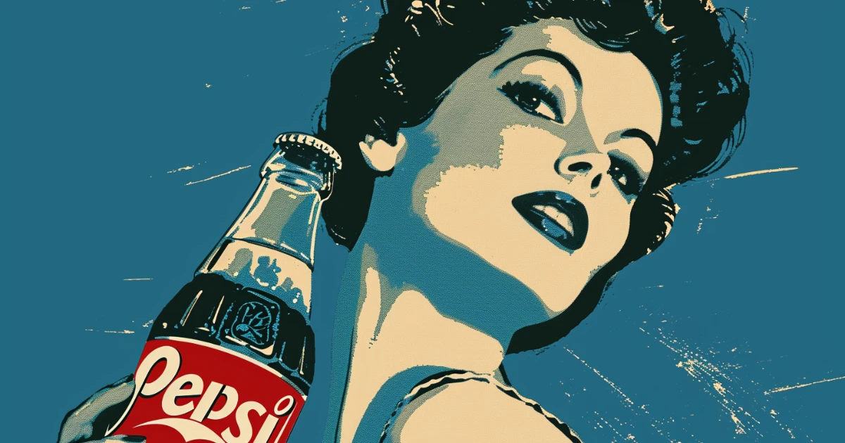 Retro poster art of woman holding red-label Pepsi glass bottle
