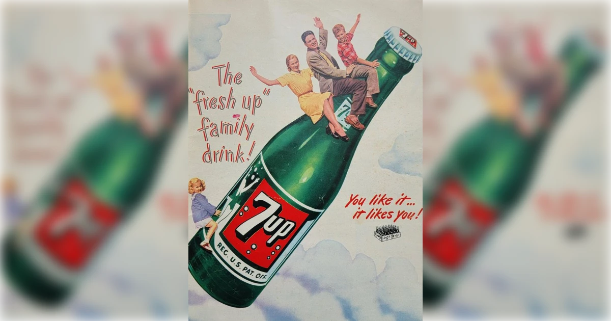 7 Up Vintage 7UP fresh up family drink ad with family riding giant bottle