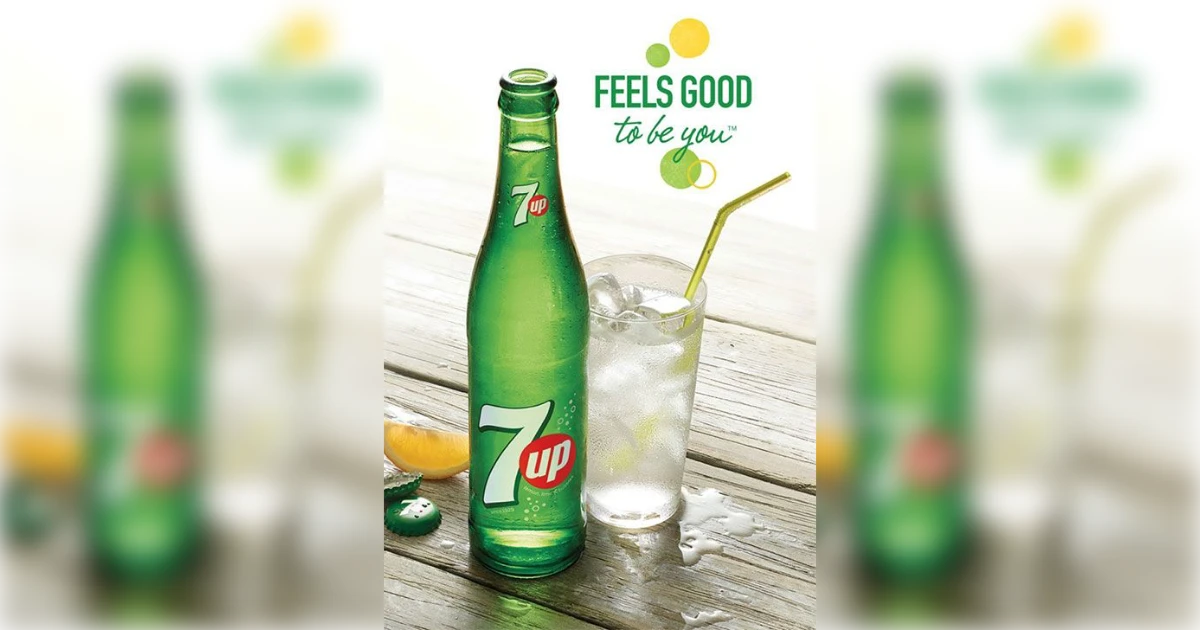 7 Up 7UP glass bottle and iced glass with Feels Good To Be You slogan