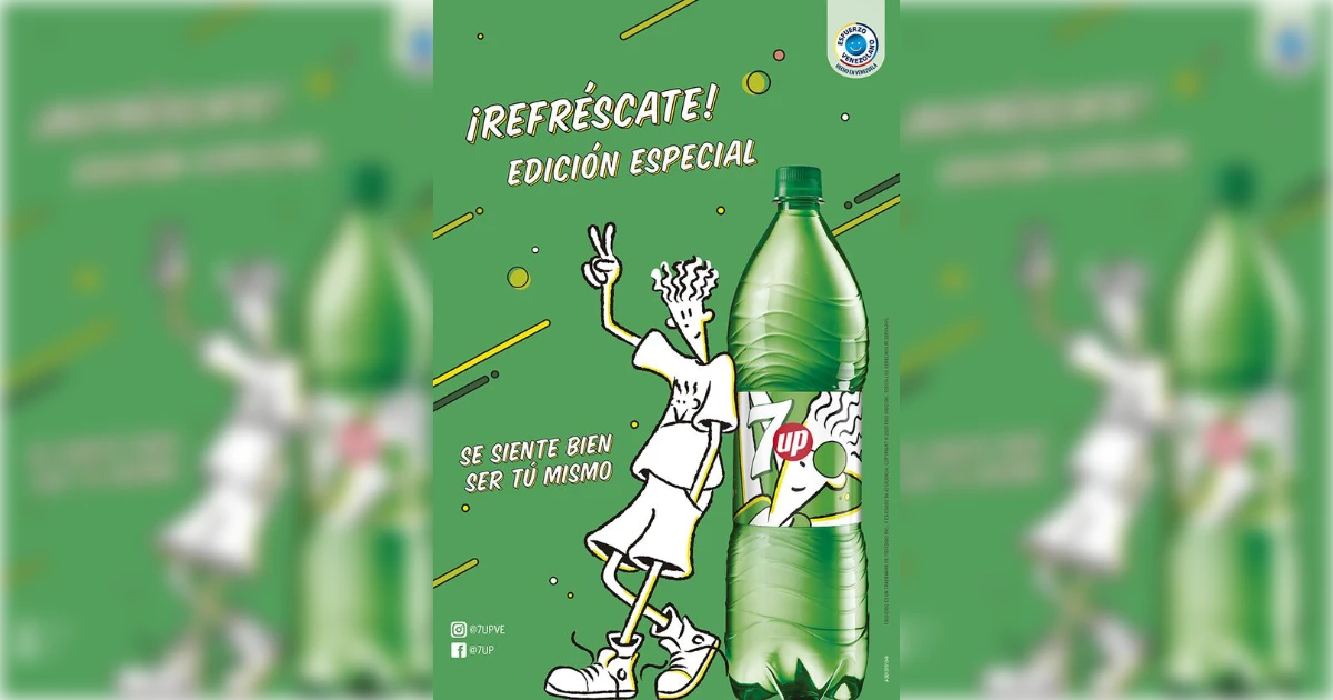 7 Up Spanish 7UP ad with Fido Dido cartoon leaning on plastic bottle