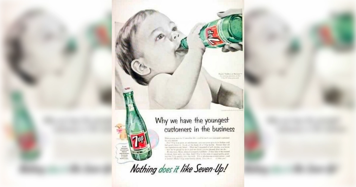 7 Up 1950s Seven-Up magazine ad showing a baby drinking from a bottle