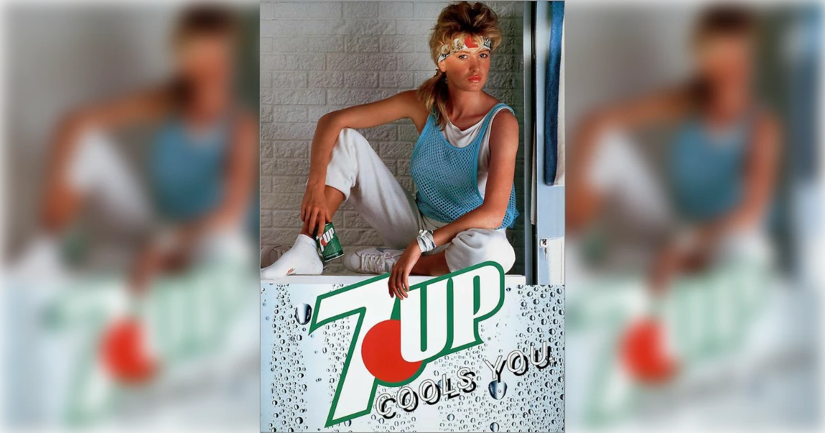 7 Up 1980s 7UP Cools You ad with woman holding can on ledge