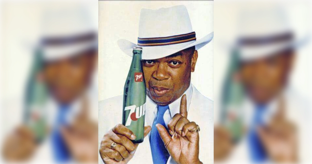7 Up Vintage 7UP ad featuring man in white suit and hat holding green bottle