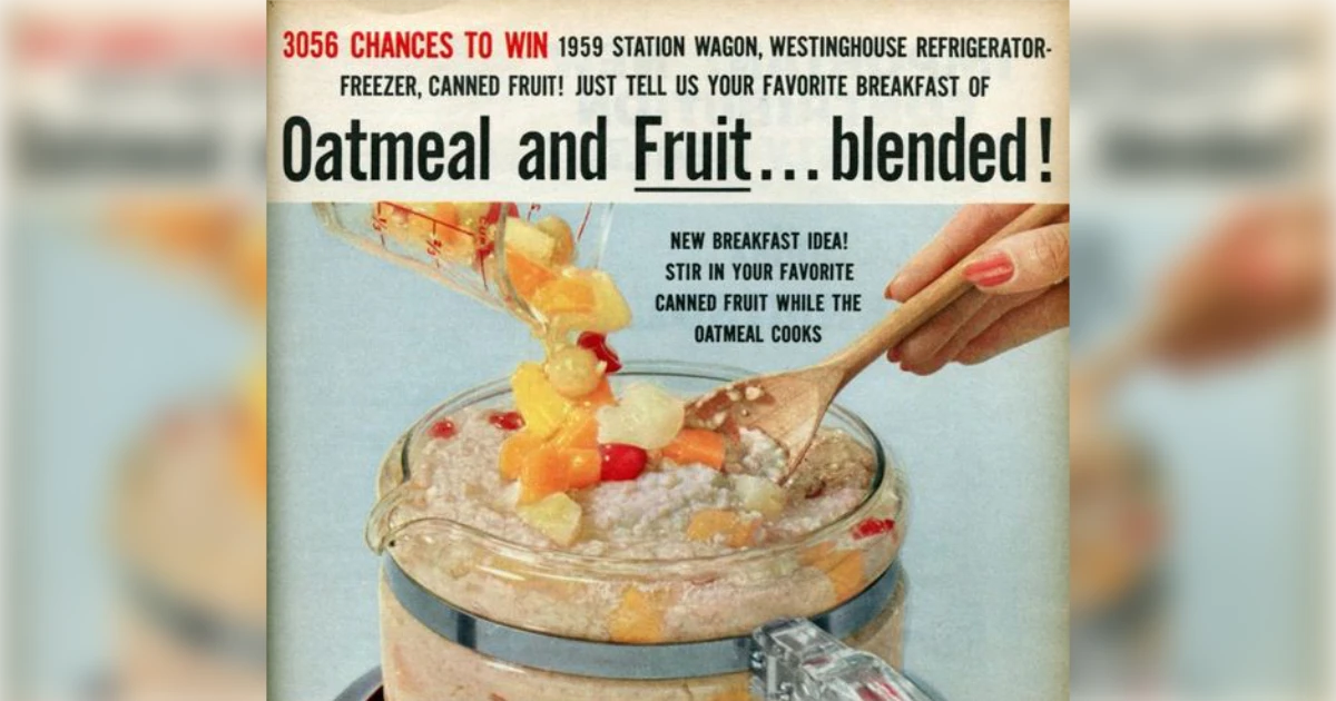 1959 Quaker Oats ad, canned fruit stirred into a pot of oatmeal