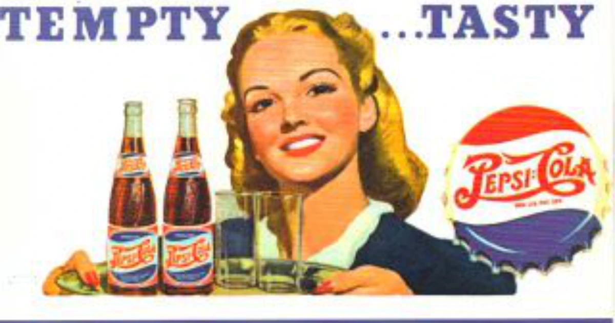 1940s Pepsi-Cola ad, woman with two bottles and bottle cap logo