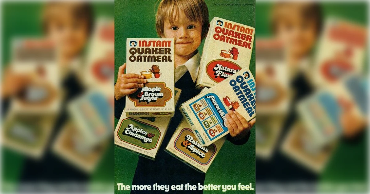 1970s ad, boy holding five Instant Quaker Oatmeal flavor boxes