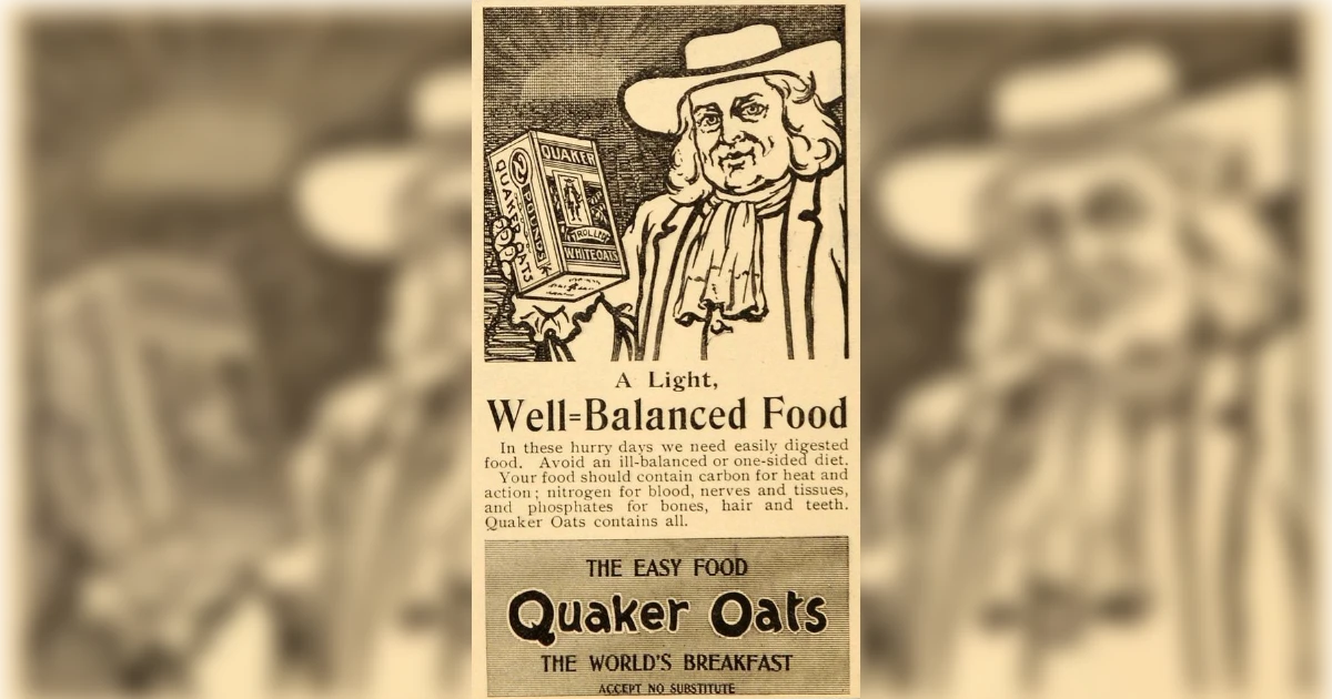 1900s Quaker Oats newspaper ad with the Quaker man holding an oats box