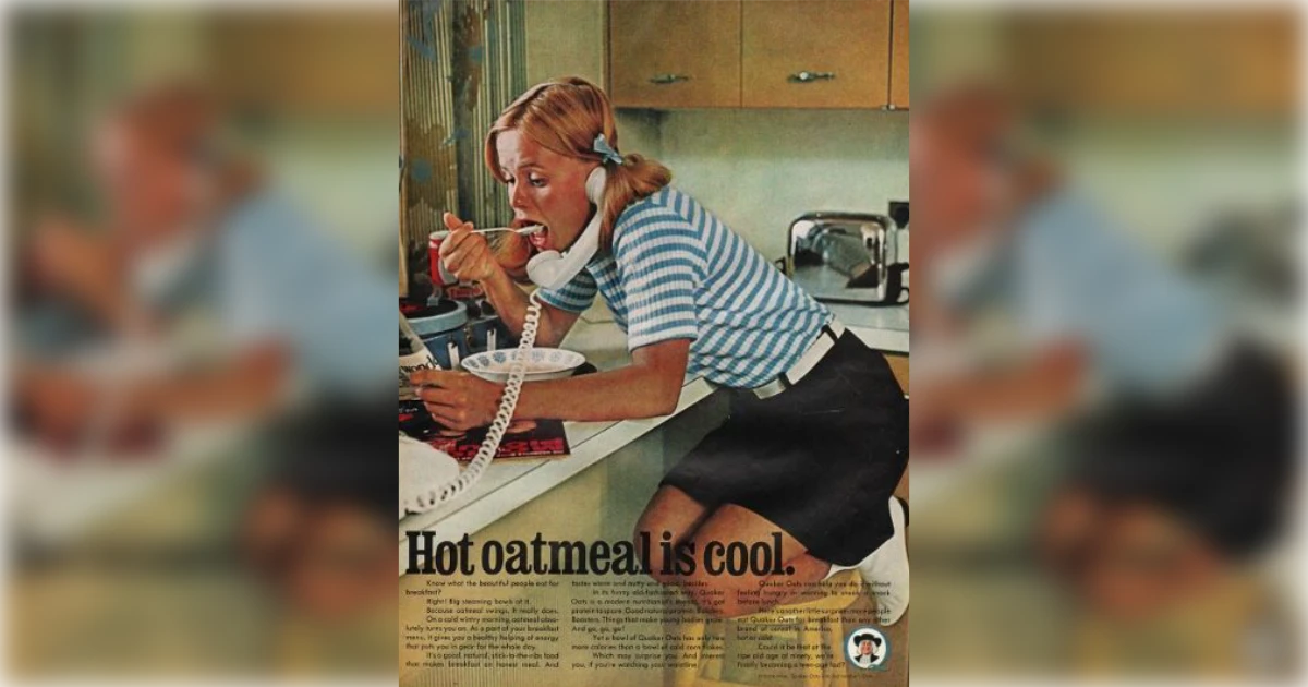 1970s Quaker Oats ad, woman eating oatmeal on the kitchen phone