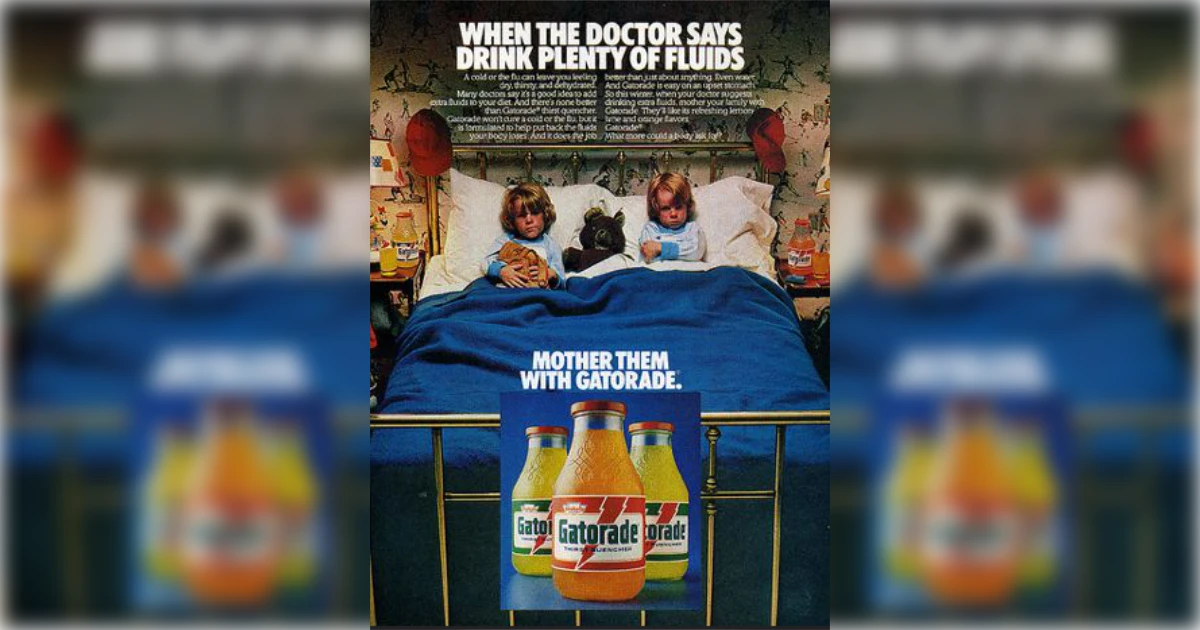 Gatorade Vintage Gatorade magazine ad showing sick children in bed with glass bottles