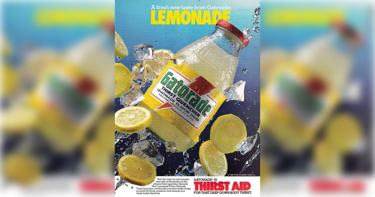 Gatorade Vintage Gatorade Lemonade magazine ad with glass bottle, lemon slices and ice