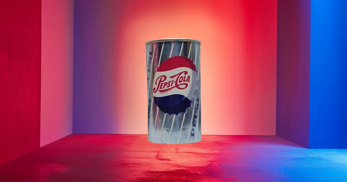 1950s Pepsi-Cola can with bottle cap logo and stripes