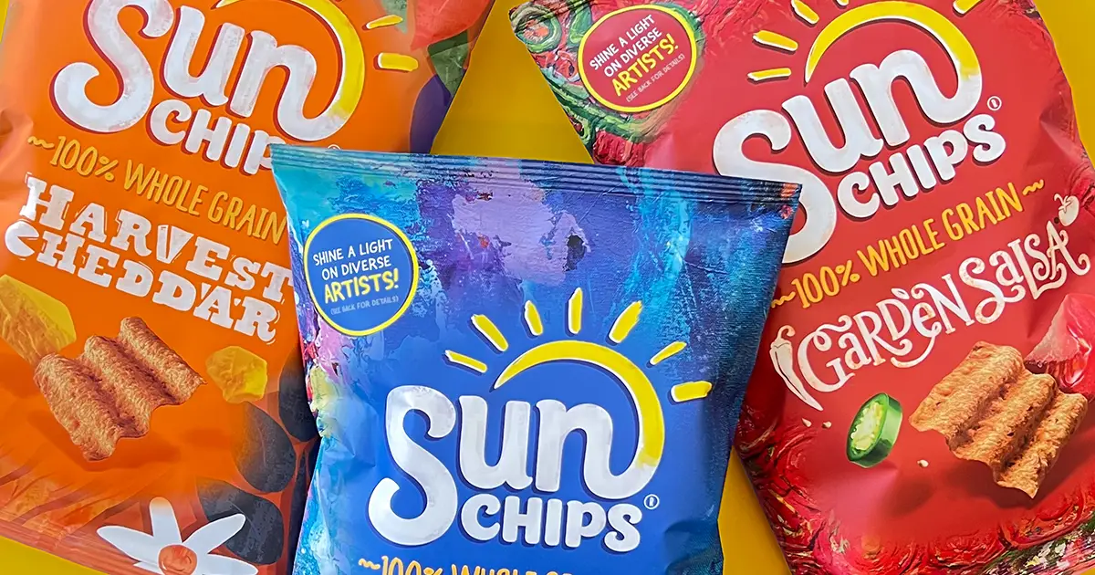 Frito-Lay Three Sun Chips bags including Harvest Cheddar and Garden Salsa flavors