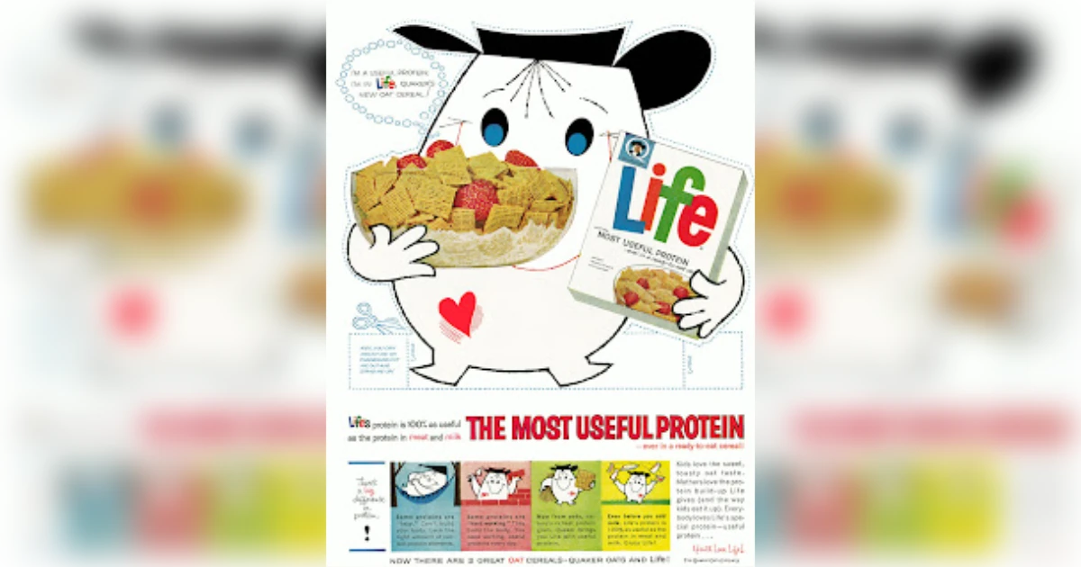 1960s Life cereal ad with cut-out cartoon mascot holding box