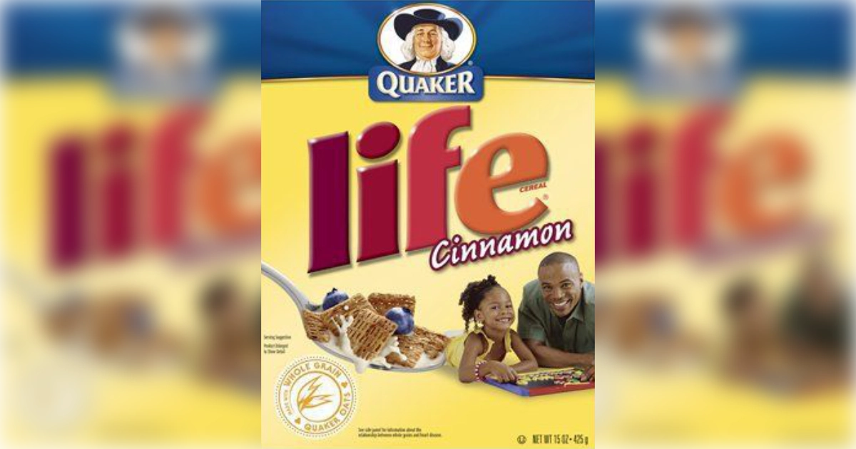 Quaker Cinnamon Life cereal box with whole grain seal