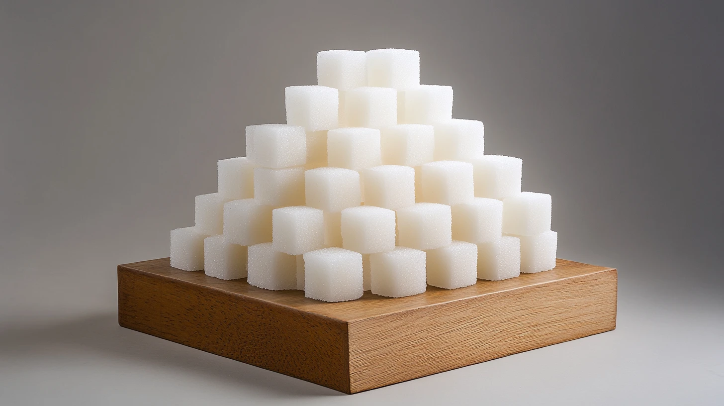 Stacked sugar cubes © History Oasis Pyramid of white sugar cubes stacked on a wooden board