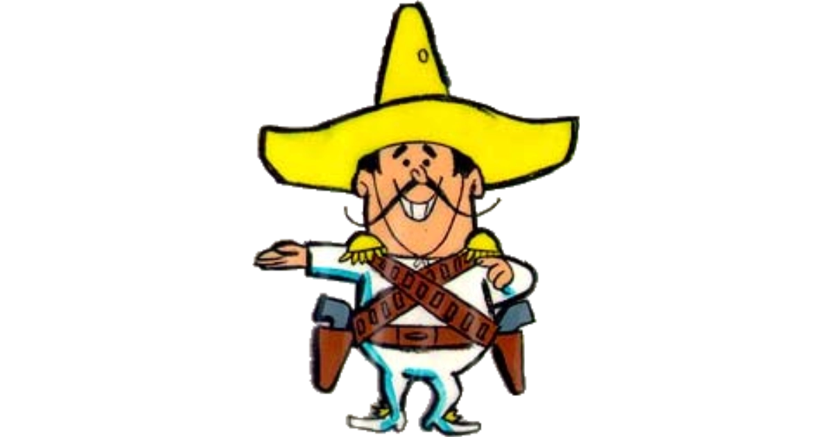 Frito Bandito cartoon character with sombrero, bandoliers, and holstered pistols