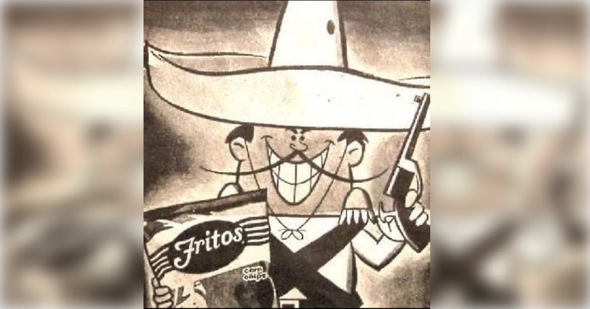 Frito Bandito holding a rifle and a Fritos corn chips bag